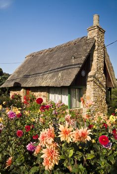 a house with a thatched roof surrounded by flowers