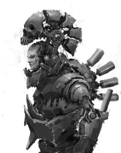 a black and white drawing of a man with skulls on his head, holding two knives