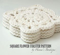 four white crocheted coasters with the words square flower coaster pattern on them