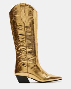 DOLLIE GOLD LEATHER Gold Boots, Leather Western Boots, Leather Wear, Nashville Outfits, Western Boots Women, Block Heel Boots, Low Block Heels, Gold Leather, Dress With Sneakers