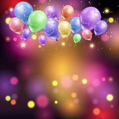 a bunch of balloons floating in the air with stars and sparkles around them on a black background