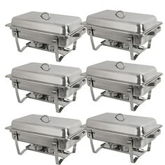 four stainless steel chafers sitting next to each other on top of a white background