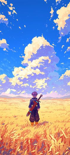 a person standing in a field with a guitar under a blue sky filled with clouds