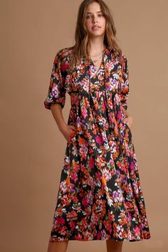 Umgee Black Satin Floral Midi Dress Dress Umgee Casual Tunic Dress, Evening Style, Umgee Dress, Ruffled Collar, Love Clothing, Neck Ties, Long Sleeve Floral Dress, Puffed Sleeves Dress, Date Outfits