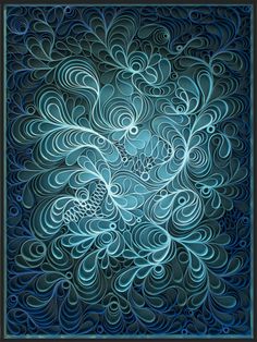 an intricate blue and white design with swirls on it's edges, framed in black wood frame