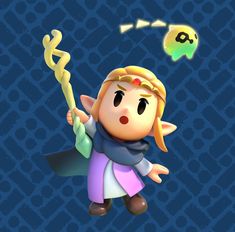 an animal crossing character holding a wand and wearing a purple outfit with yellow hair, standing in front of a blue background