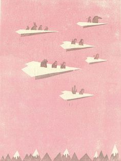 several people are floating on paper boats in the air with mountains and trees behind them