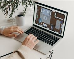 a person using a laptop computer on a white desk with a plant in the background