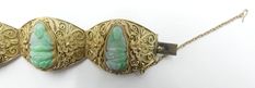 "Old Chinese gold plate silver filigree and carved jade GuanYin bracelet with original, In very good condition. Dates about 1940 's. Measures 7\" ¼ long 1\" wide and 3/8\" thick. ( 185 mm long 22 mm wide 9 mm thick ). Carved jade GuanYin 20 mm x 11 mm, 21 mm x 11 mm. 22mm x 11 mm. Weighs 61.5 gram. Stamped silver. Thanks. This item no shipping to China." Antique Carved Bracelets, Antique Rectangular Carved Jewelry, Antique Engraved Jade Jewelry, Vintage Carved Jade Jewelry, Antique Jade Jewelry Collectible, Chinese Gold, Carved Jade, Jade Carving, Silver Filigree