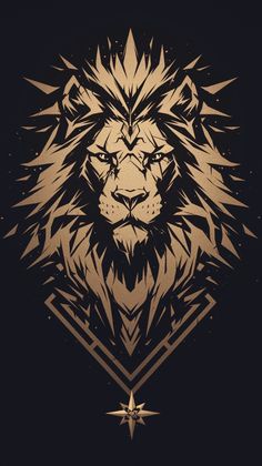 a lion's head is shown in the middle of a black and gold background