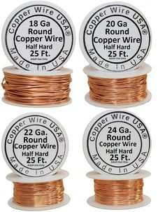 four spools of copper wire are shown in three different sizes and colors, with the