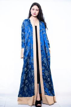 luxury robe floor length Fitted Long Sleeve Kimono For Evening, Elegant Fitted Open Front Kimono, Fitted Long Sleeve Silk Robe, Formal Fitted Robe, Elegant Fitted Blue Abaya, Elegant Long Sleeve Formal Robe, Elegant Long Sleeve Blue Abaya, Elegant Blue Long Sleeve Abaya, Silk Long Sleeve Kimono For Evening