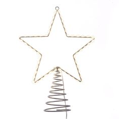 a metal christmas tree decoration with a star hanging from it's side on a white background