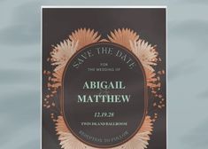 a wedding save the date card with an image of flowers and leaves on black paper