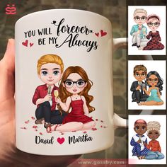 personalized coffee mugs for couples with their names and pictures on the front, side, or back