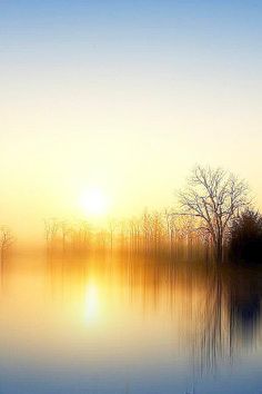 the sun is setting over a lake with trees