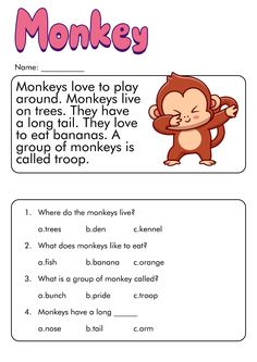 monkey worksheet for kids to learn how to read the words in english and spanish