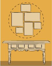 a drawing of a table with several pictures on it and a circle around the table