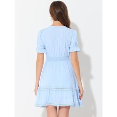 Cut to an elegant fit-and-flare style, this mini dress is sure to serve you well on summer days. The dreamy solid color and a ruffled tiered hem bring casual romance to this puff-sleeved dress. Indulge in the fanciful frills on this vacation-ready dress. It is fashioned with a signature v-neck, a crochet trim, and a layered skirt. Mini and flowy, this gorgeous dress is detailed with bubble sleeves, and a lace panel, for a peasant look, which is sure to elevate your beach-day looks. Ruffle Tiered Dress, Layered Skirt, Elastic Waist Shorts, Crochet Trim, Lace Panelled, Boho Crochet, Tiered Dress, Gorgeous Dresses, Fit And Flare