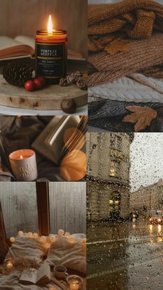 a collage of photos with candles, blankets and other things in the background that are rain - soaked