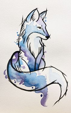 a watercolor drawing of a fox sitting down