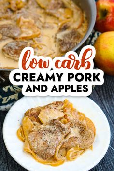 white dish and pan of pork tenderloin with apples and onions and text Creamy Pork Tenderloin, Pork And Apples, Pork Tenderloin With Apples, Recipes For Steak, Lamb Bacon, Entrees Recipes, Apples And Onions, Bacon Turkey