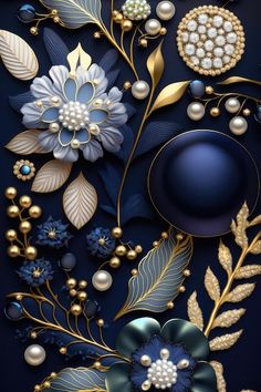 a blue and gold floral background with pearls, leaves and other things on it's side