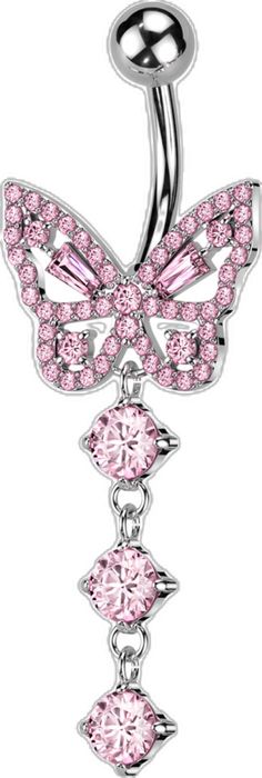 Pink Stainless Steel Jewelry With Charms, Pink Metal Jewelry With Butterfly Charm, Pink Stainless Steel Jewelry, Elegant Pink Stainless Steel Jewelry, Elegant White Gold Belly Rings In Sterling Silver, Elegant White Gold Sterling Silver Belly Rings, Silver Dangle Belly Rings In Stainless Steel, Silver Stainless Steel Belly Ring, Silver Stainless Steel Round Belly Ring