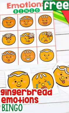 the gingerbread emotions bingo game is shown on a white table with green and red decorations