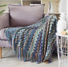 Blue & Orange Chevron Knit Throw Blanket - Gals and Dogs Boutique Limited Striped Sofa, Fringe Throw Blanket, Couch Throw Blanket, Woven Throw Blanket, Boho Bedding, Plaid Blanket, Sofa Blanket, Boho Dekor, Couch Covers