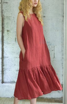 Sleeveless Frock, Sleeveless Frock Designs, Linen Dresses With Ruffle Hem, Ruffled Linen Midi Dress, Red Linen Bohemian Dress, Sleeveless Linen Maxi Dress With Ruffles, Midi Linen Dress With Ruffles, Red Bohemian Linen Dress, Linen Midi Maxi Dress With Ruffles