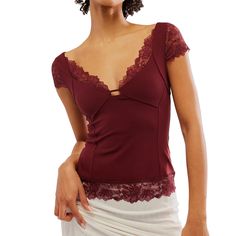 PRICES MAY VARY. Material: Women’s short sleeve lace T-shirt is made of 80% polyester, 20% cotton. Soft and stretchy fabrication, seam detailing, skin-friendly and comfortable to wear. Features: Women sexy low cut crop T-shirt, short sleeve, scallop lace trim scoop-neckline, U-shape backless, lace patchwork, formfitting silhouette with delicate lace trim, hip-length, cutout at bust, lace-adorned trim, short cap-sleeves, low scoop neckline and low back tank top. Match: Form fitting tank top for w Y2k Aesthetic White, Patchwork Crop Top, Milkmaid Top, White Lace Crop Top, Y2k Outfit Ideas, Oktoberfest Party, Bodycon Tops, Mesh Tops, Lace Trim Top