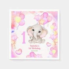 Cute Elephant Summer Colorful Girl 1stBirthday Napkins