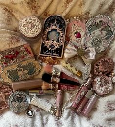 #aesthetic #makeup #flowerknows #coquette #coquetteaesthetic Designer Makeup Aesthetic, Skincare Aesthetic Coquette, Coquette Flatlay, Cottagecore Makeup Products, Gift Ideas Makeup, Aesthetic Makeup Collection, Victorian Makeup Aesthetic, Fun Makeup Products, Makeup Pallets Aesthetic