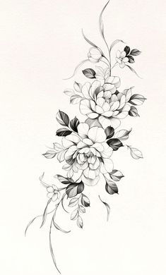 a black and white drawing of flowers