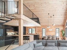 a living room filled with furniture and wooden walls