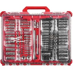 the milwaukee tool set is packed in a plastic case with screws and other tools