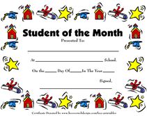 a student of the month certificate with stars and houses on it's border is shown