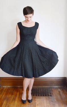 "Description: A gorgeous lined lace dress with a scoop neck and back metal zipper. Fitted waist and a flared skirt. Measurements taken flat, seam to seam, and given in inches. Double where appropriate for circumference, and measure a similar garment you own if you are unsure about fit. Bust: 18\" Waist: 13\" Hips: Open Length: 40\" Tag: No label Fabric: Lace, feels like an acetate lining. Condition: Excellent Follow along on instagram @lovecharlesvintage" Scalloped Lace Fit And Flare Party Dress, Evening Lace Dress Fit And Flare A-line, Evening Fit And Flare A-line Lace Dress, Party Lace Fit And Flare Dress, Fit And Flare Lace Party Dress, Fitted A-line Lace Prom Dress, Fitted A-line Lace Dress, Fitted Lace A-line Dress, Party Lace Dress With Fitted Bodice In A-line Shape