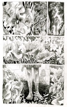 four different images of flowers and plants in black and white ink, with one person's feet on the ground