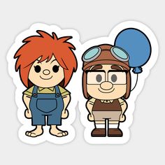 two cartoon characters are standing next to each other, one is holding a blue balloon