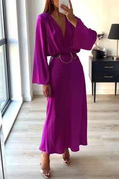 Elegant Solid Solid Color V Neck Bandage Dress Dresses Neck Bandage, Midi Dress Elegant, Satin Style, Long Sleeve Layer, Semi Formal Dress, Elegant Maxi Dress, Dress Sleeve Styles, Elegant Pattern, Maxi Dress Prom