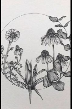 a black and white drawing of flowers in a circle