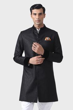 Navy achkan accentuated with piping on the cuff on textured fabric base. - Aza Fashions Fitted Long Sleeve Kurta With Embroidered Cuffs, Designer Tailored Long Sleeve Kurta, Designer Long Sleeve Tailored Kurta, Designer Long Sleeve Kurta For Work, Traditional Fitted Kurta With Button Cuffs, Festive Fitted Kurta With Embroidered Cuffs, Festive Long Sleeve Bandhgala For Business, Fitted Kurta With Stand Collar For Workwear, Fitted Stand Collar Kurta For Workwear