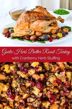 roasted turkey with cranberry herb stuffing and garnished with herbs, served on a white platter