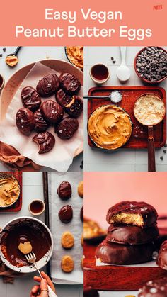 an easy vegan peanut butter egg recipe is shown in this collage with the ingredients