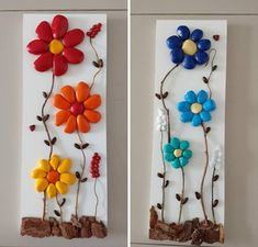 two pieces of art made out of clay with flowers and leaves painted on the sides