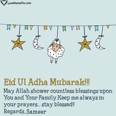 eid ul adha mubarak with hanging stars and moon on blue background