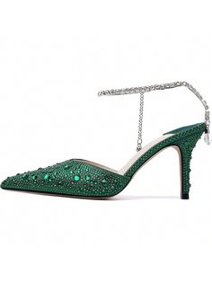 Verde Glamour,De moda Collar   Liso Zapatos de tiras Embellished Green Heels With 4-inch Heel For Party, Holiday Cocktail Heels With Ankle Strap, Wedding Sandals For Party Season With Pointed Toe, Kitten Heels With Wrapped Open Heel For Party, Party Kitten Heels With Wrapped Open Heel, Evening Wedding Shoes With Ankle Strap, Green Pointed Toe Party Sandals, Green Pointed Toe Sandals For Party, Party Slingback Pumps With Wrapped Heel And Pointed Toe