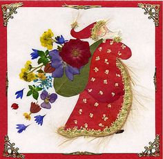 an image of a woman with flowers in her hand on a red and white background